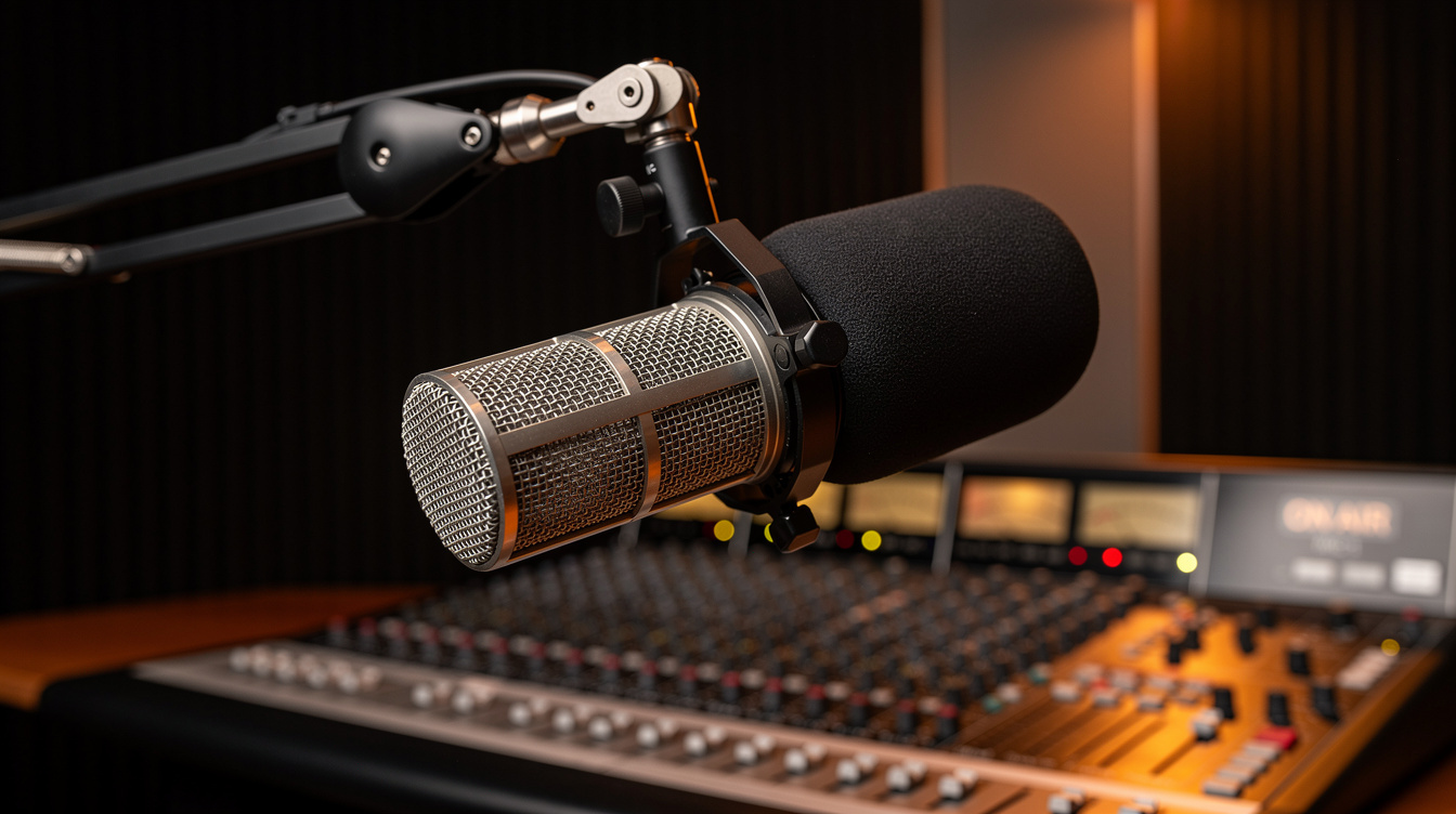Broadcast microphone and mixing console in a radio studio